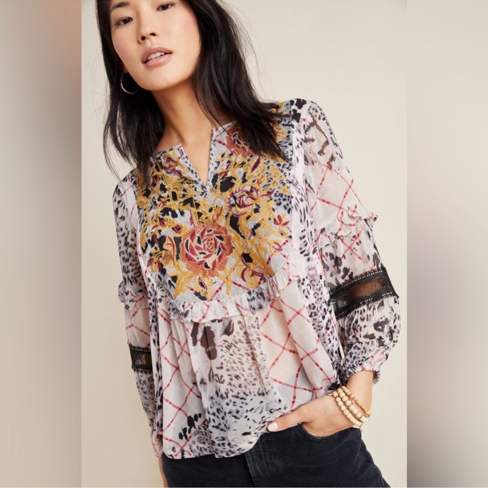 Anthropologie Mathilda Printed Embroidered Blouse Size Medium